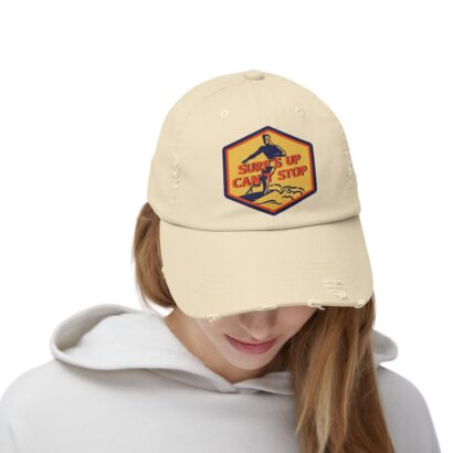 Lady wearing a face cap with a design imprinted on the front