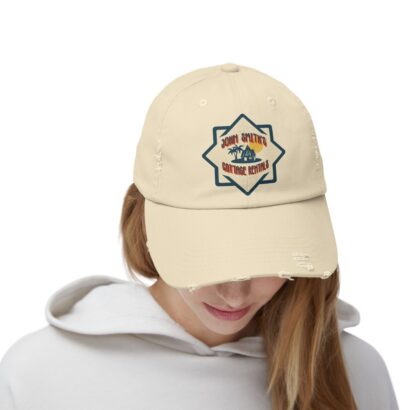 Lady wearing a face cap with a design imprinted on the front