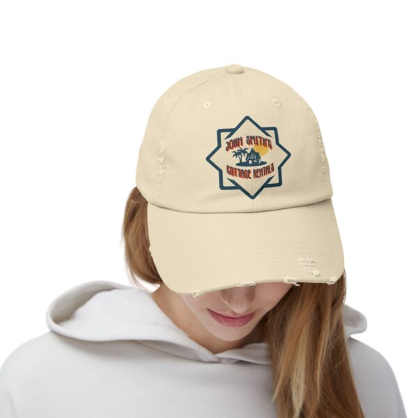 Lady wearing a face cap with a design imprinted on the front